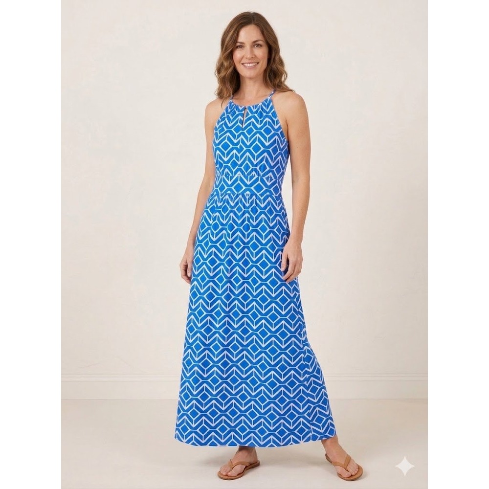 Jude Connally Mia Maxi Dress Blue White Geometric Halter Neck Sleeveless Medium‎